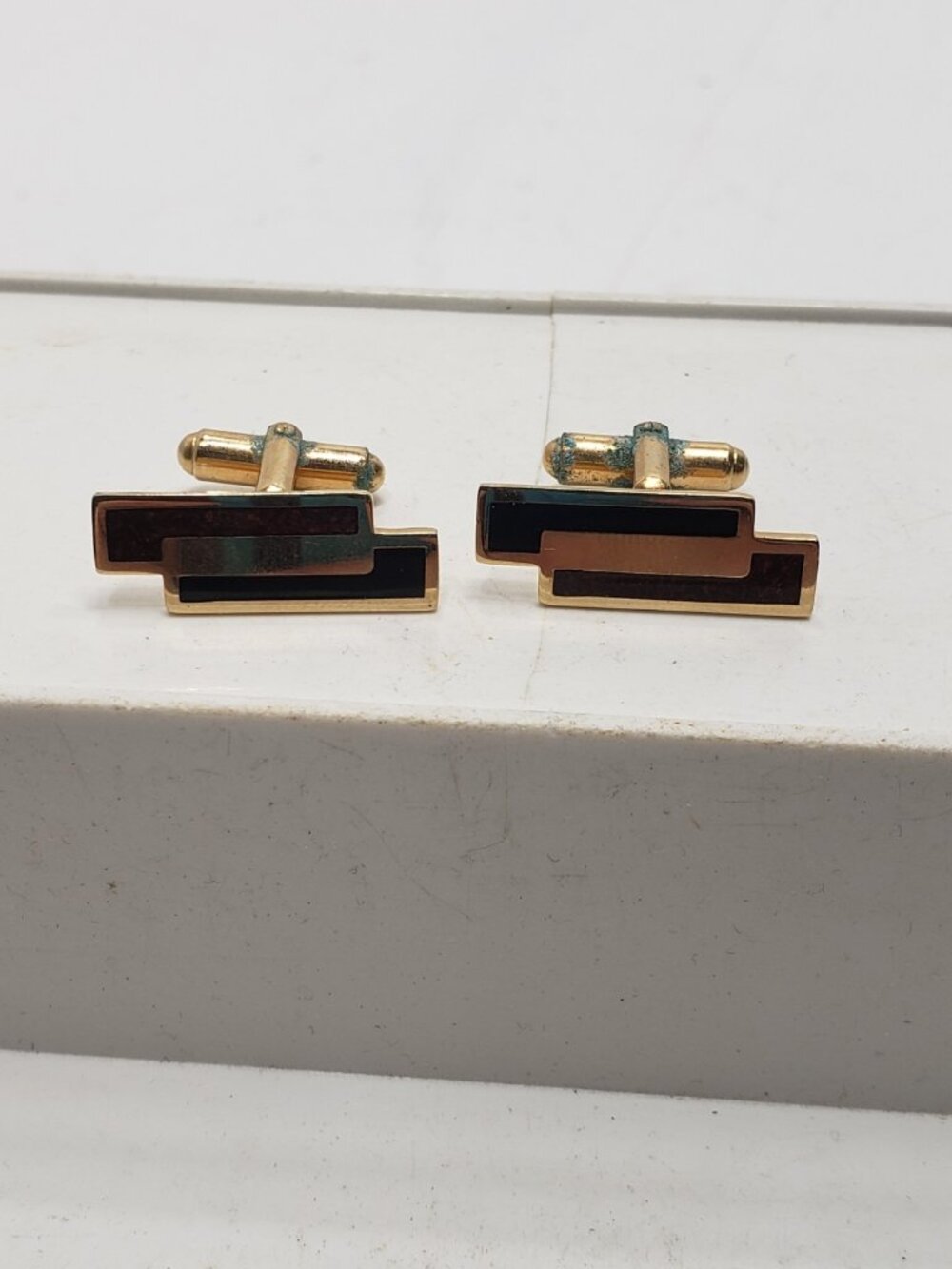 Vintage Gold Tone Black Brown Enamel Geometric Cufflinks Mens Formal
